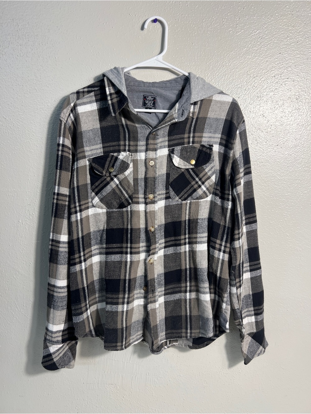 Men's Gray & Black Plaid Hooded Flannel Shirt